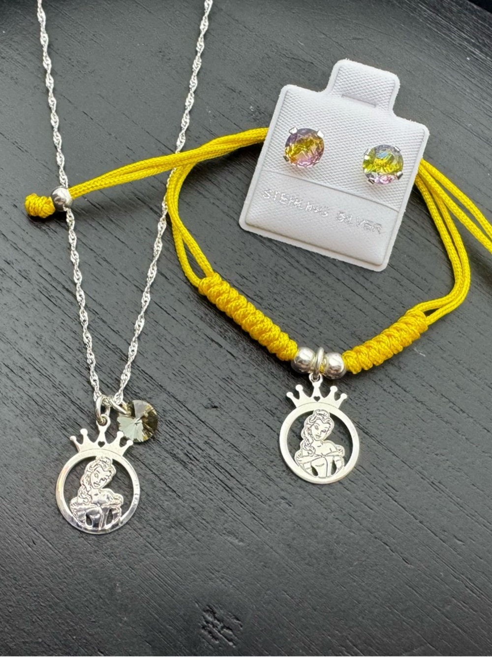 Sterling Silver Princess Medallion Necklace and Yellow Cord Bracelet Set